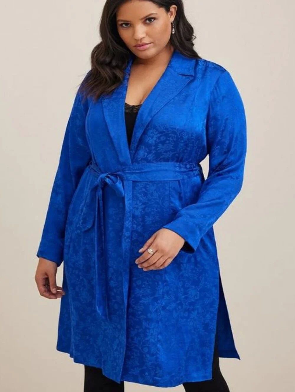 Torrid Jacquard Royal Blue Satin Jacket with Self Tie Belt